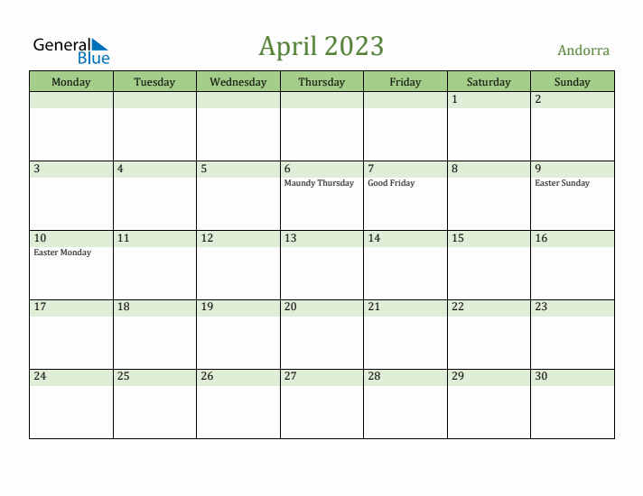 April 2023 Calendar with Andorra Holidays