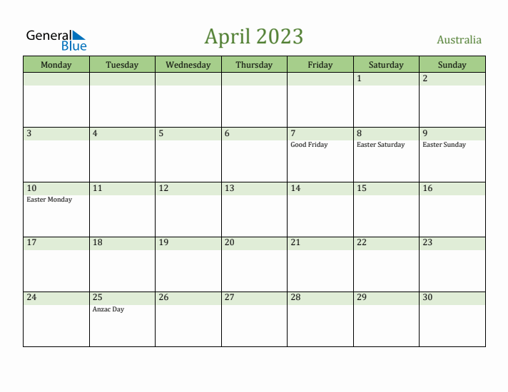 April 2023 Calendar with Australia Holidays