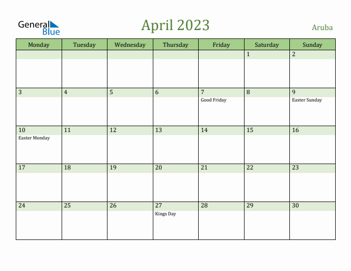 April 2023 Calendar with Aruba Holidays