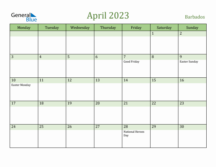 April 2023 Calendar with Barbados Holidays