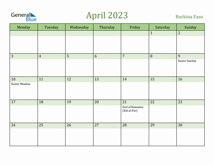 April 2023 Calendar with Burkina Faso Holidays