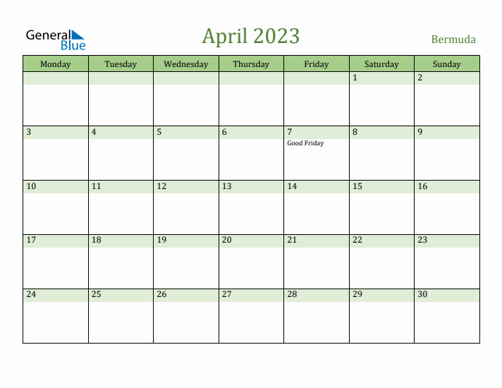 April 2023 Calendar with Bermuda Holidays