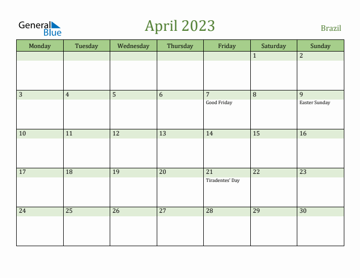 April 2023 Calendar with Brazil Holidays