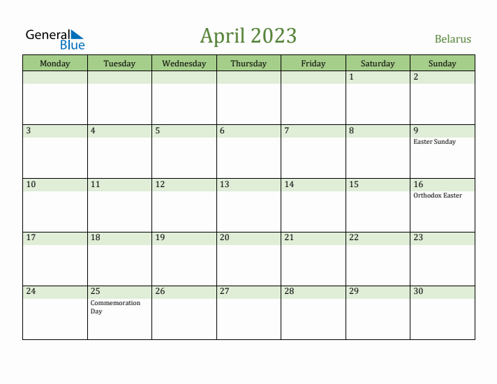 April 2023 Calendar with Belarus Holidays