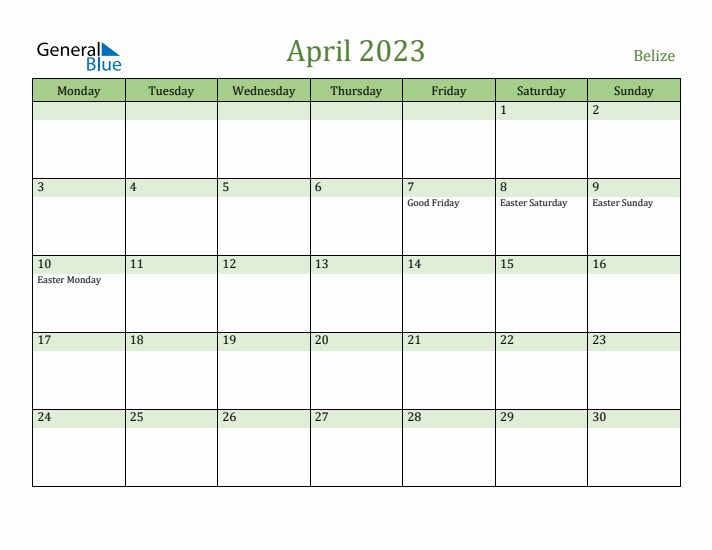 April 2023 Calendar with Belize Holidays