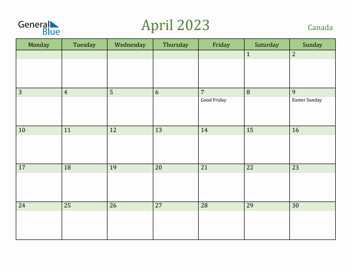 April 2023 Calendar with Canada Holidays