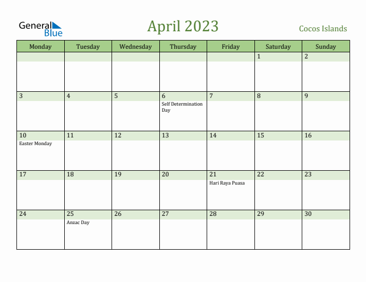 April 2023 Calendar with Cocos Islands Holidays