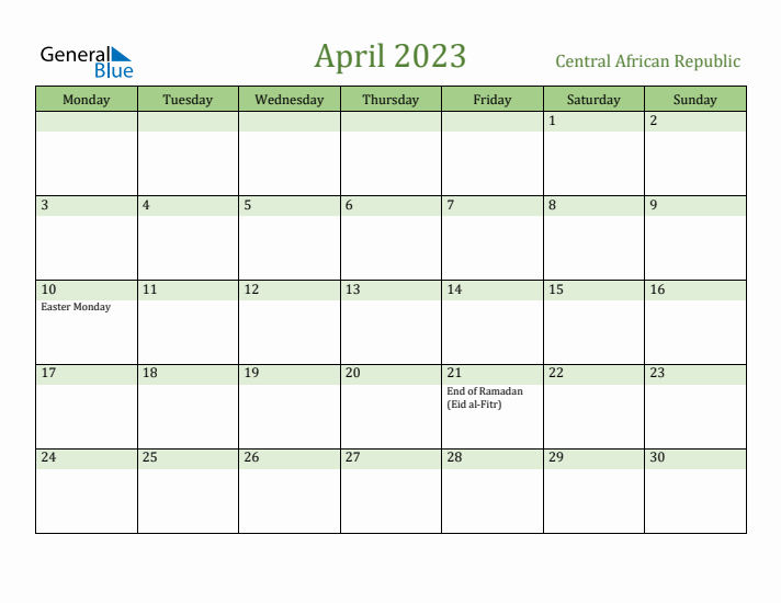 April 2023 Calendar with Central African Republic Holidays
