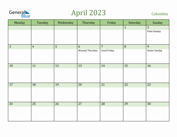 April 2023 Calendar with Colombia Holidays