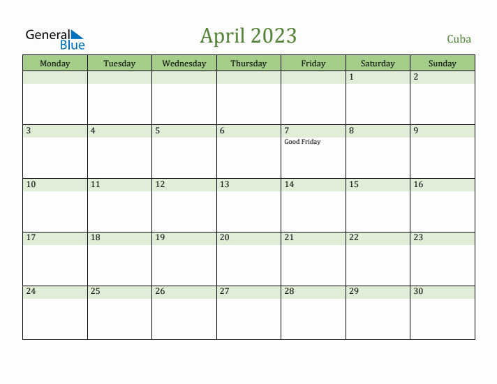 April 2023 Calendar with Cuba Holidays