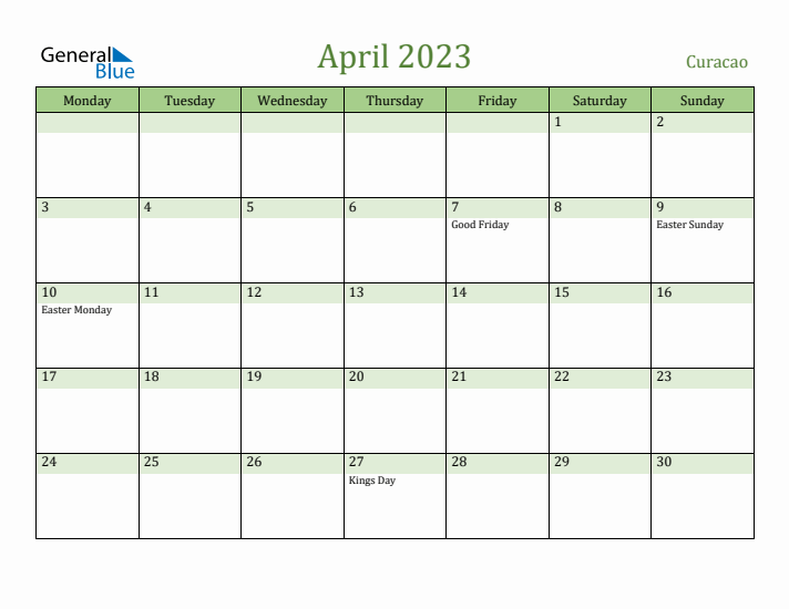 April 2023 Calendar with Curacao Holidays