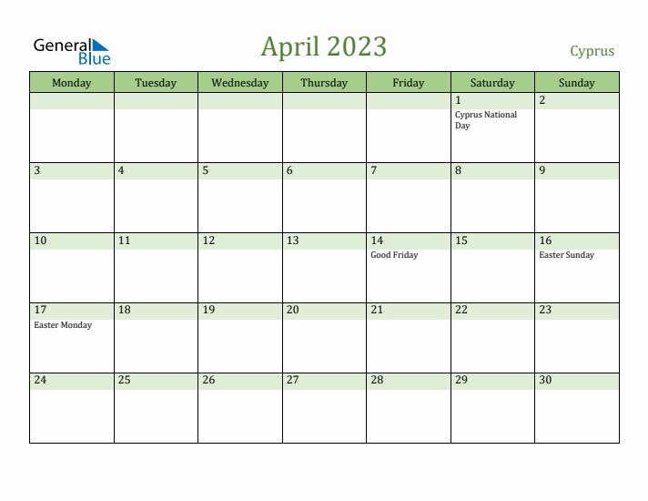 April 2023 Calendar with Cyprus Holidays