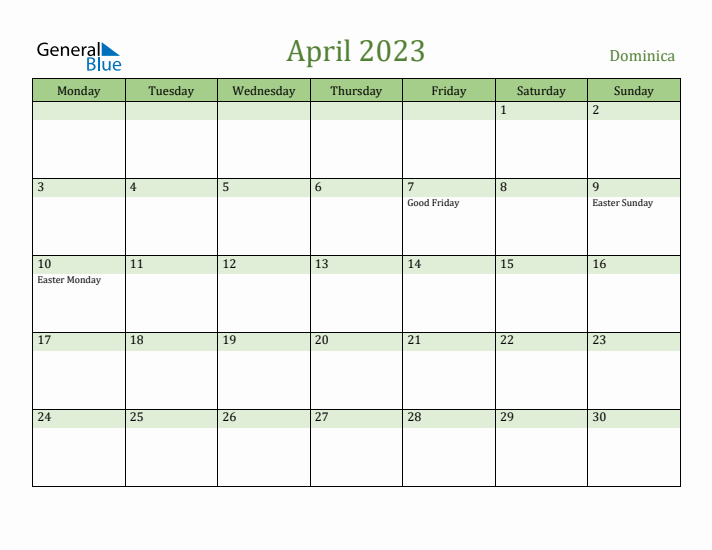 April 2023 Calendar with Dominica Holidays