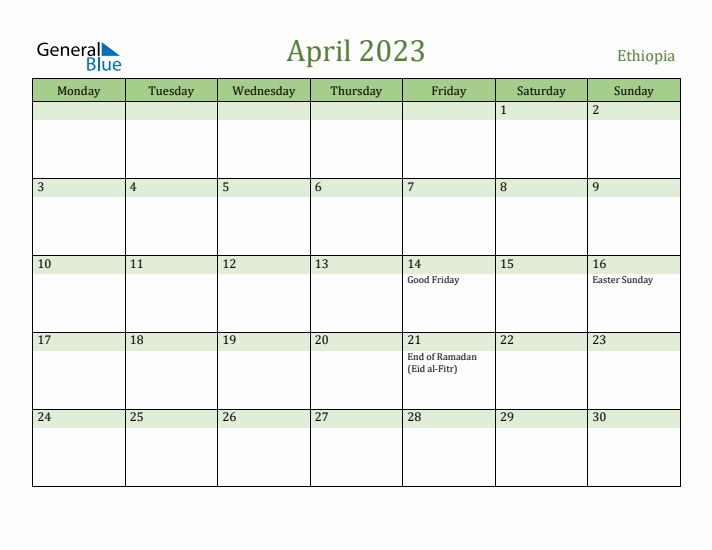 April 2023 Calendar with Ethiopia Holidays