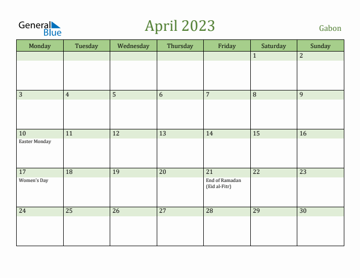 April 2023 Calendar with Gabon Holidays