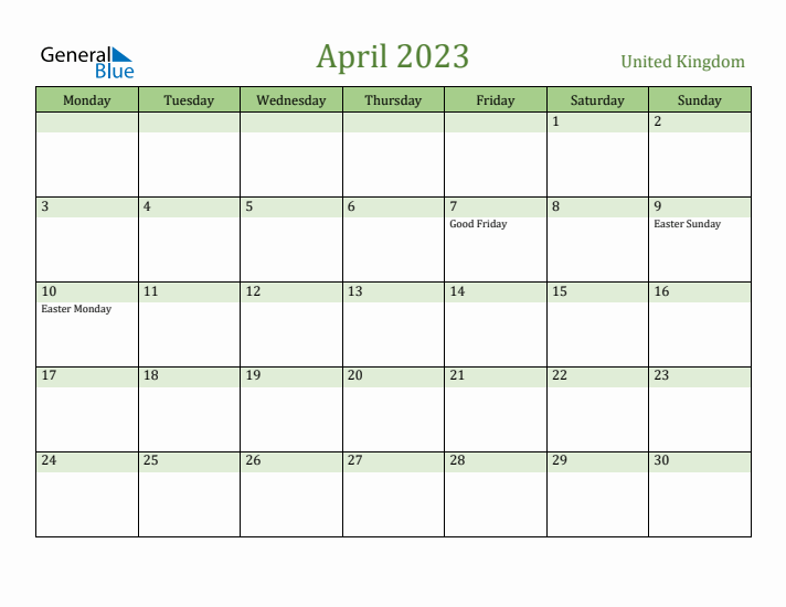 April 2023 Calendar with United Kingdom Holidays
