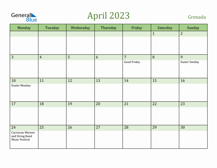 April 2023 Calendar with Grenada Holidays