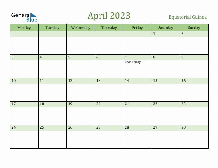 April 2023 Calendar with Equatorial Guinea Holidays