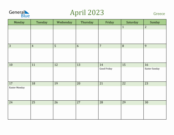 April 2023 Calendar with Greece Holidays