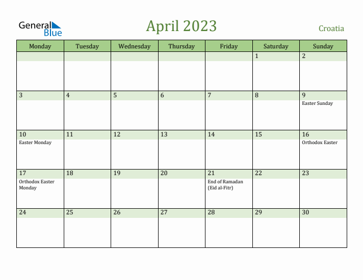 April 2023 Calendar with Croatia Holidays