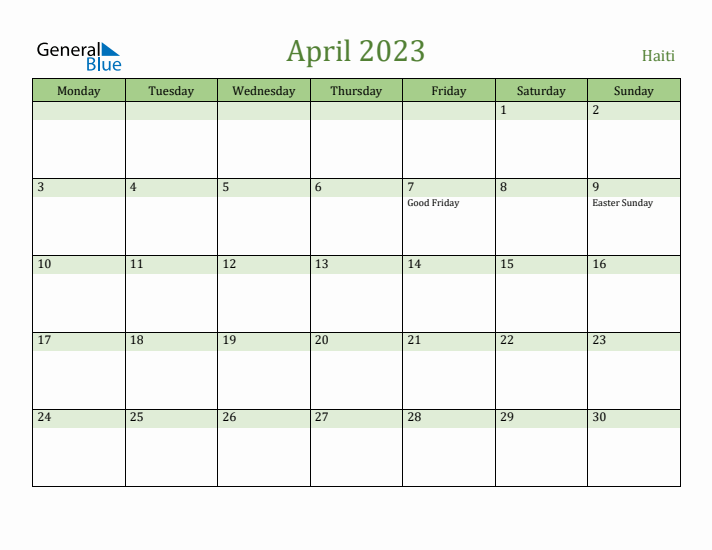 April 2023 Calendar with Haiti Holidays