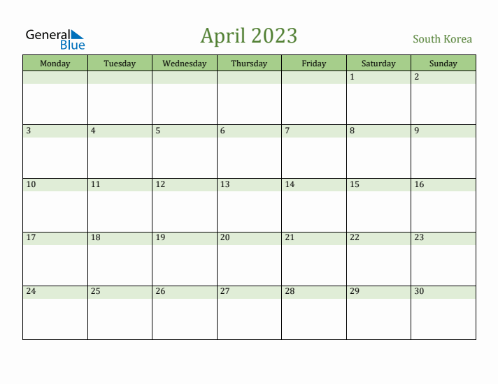 April 2023 Calendar with South Korea Holidays