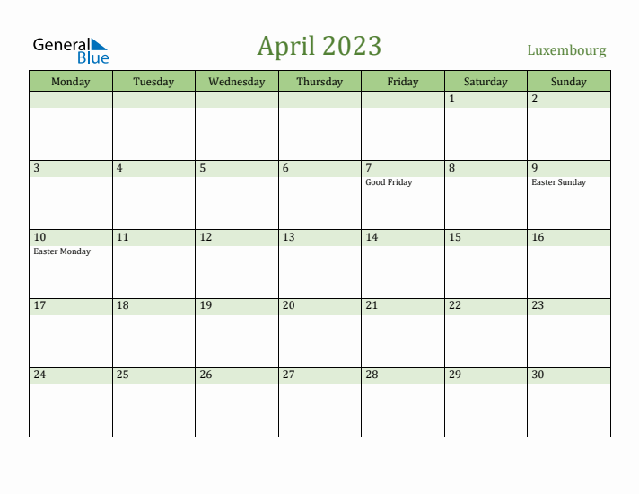 April 2023 Calendar with Luxembourg Holidays