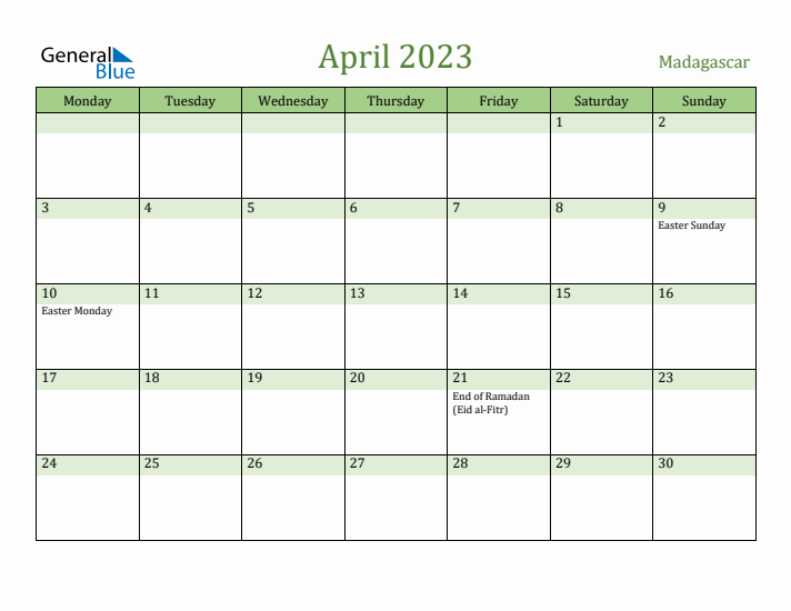 April 2023 Calendar with Madagascar Holidays