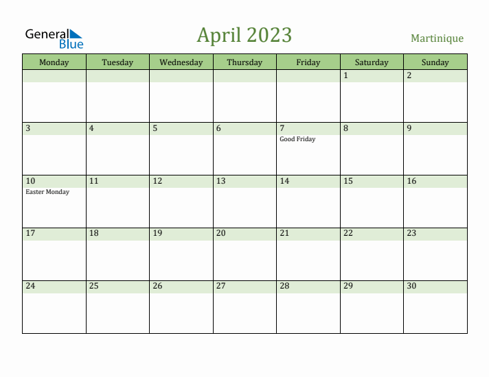 April 2023 Calendar with Martinique Holidays