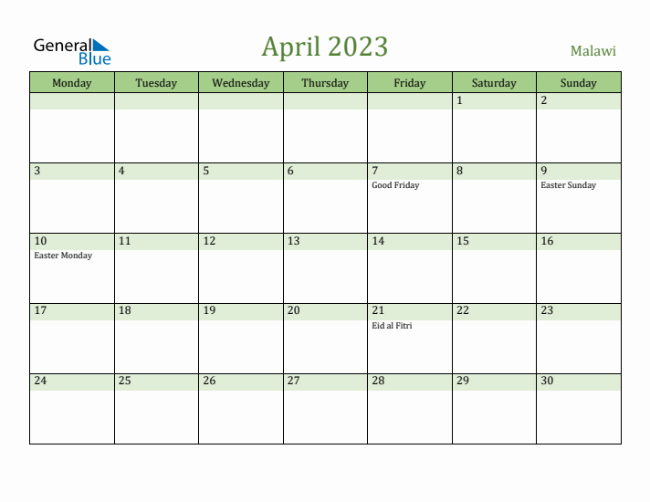 April 2023 Calendar with Malawi Holidays