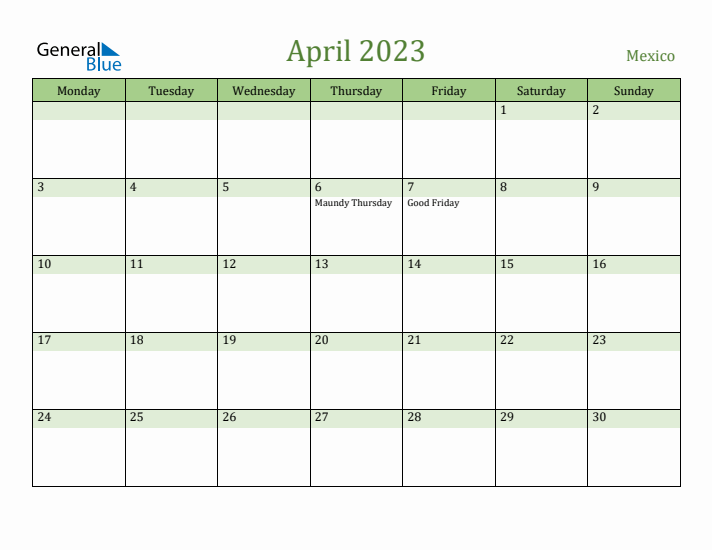 April 2023 Calendar with Mexico Holidays