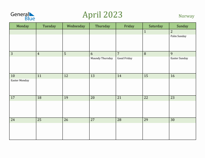 April 2023 Calendar with Norway Holidays