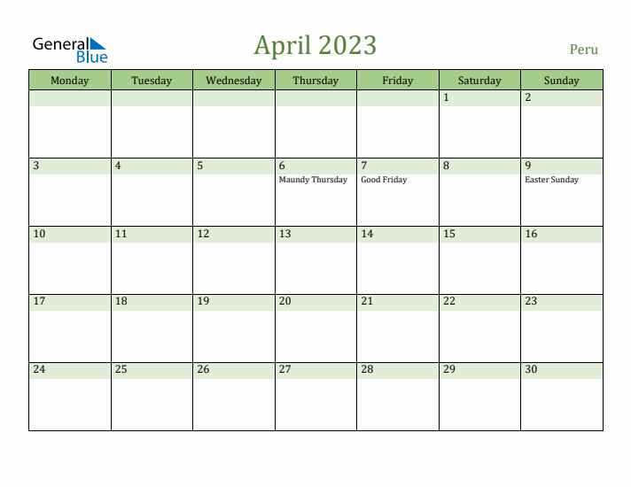 April 2023 Calendar with Peru Holidays