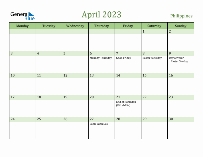 April 2023 Calendar with Philippines Holidays