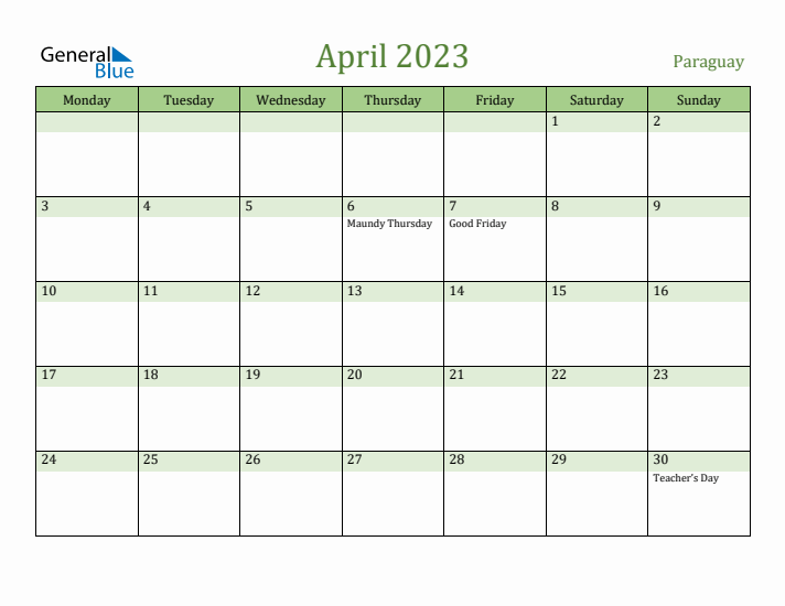 April 2023 Calendar with Paraguay Holidays