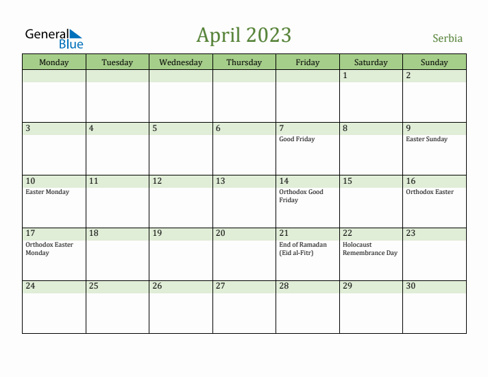 April 2023 Calendar with Serbia Holidays