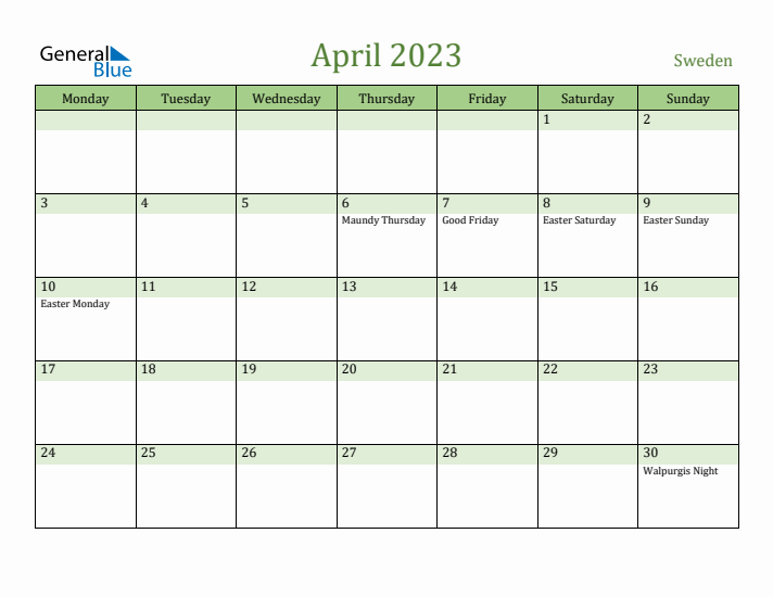 April 2023 Calendar with Sweden Holidays