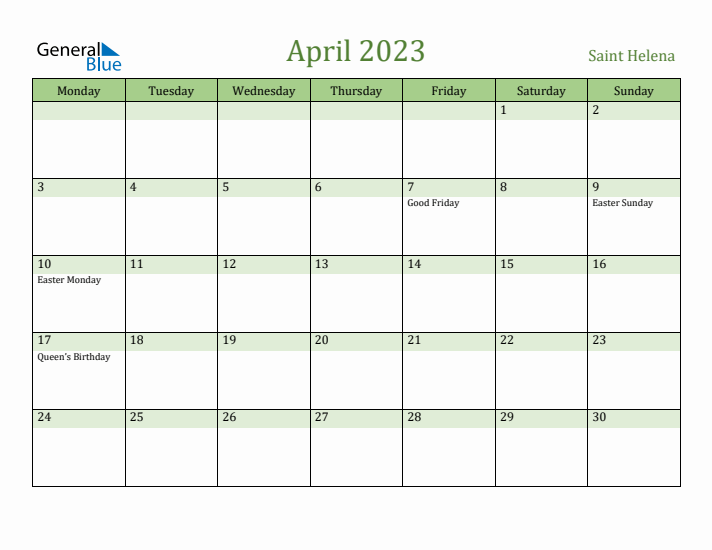 April 2023 Calendar with Saint Helena Holidays