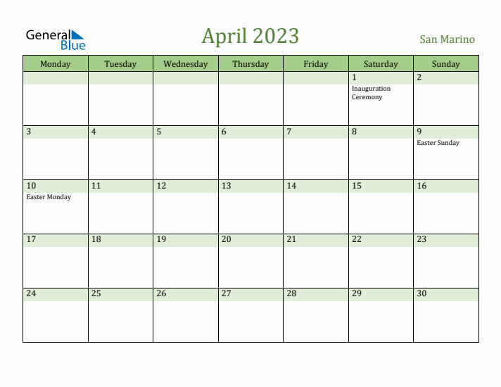 April 2023 Calendar with San Marino Holidays