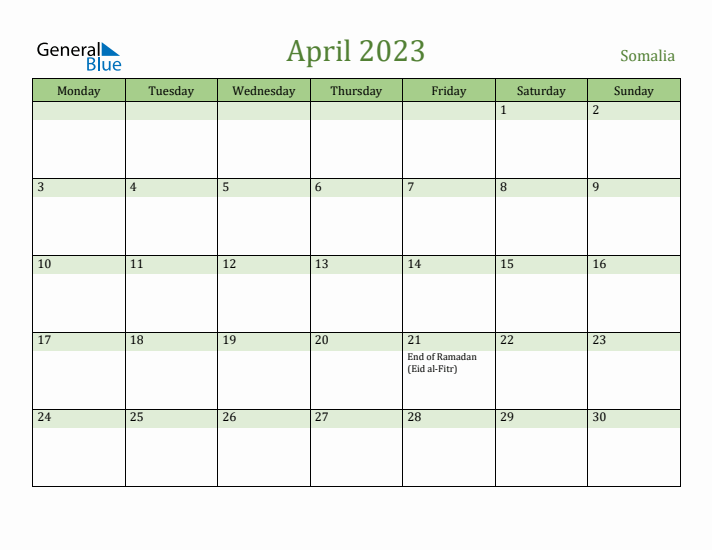 April 2023 Calendar with Somalia Holidays