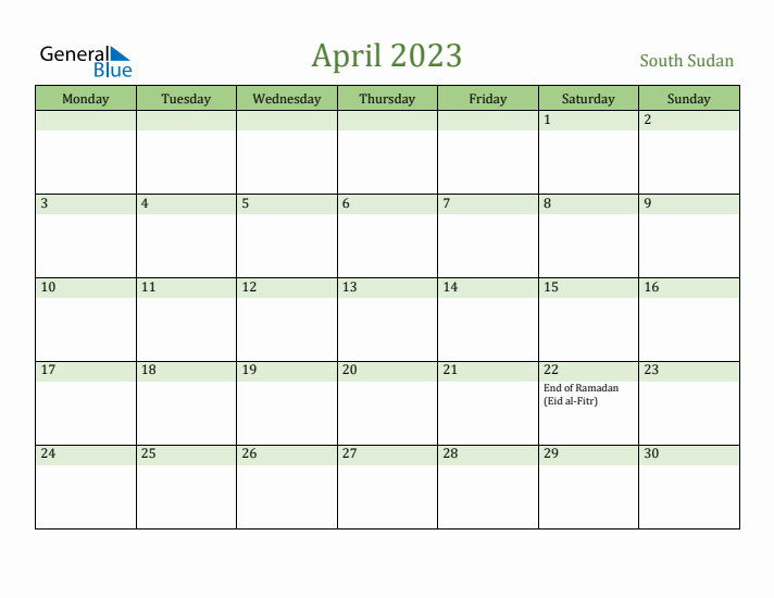 April 2023 Calendar with South Sudan Holidays