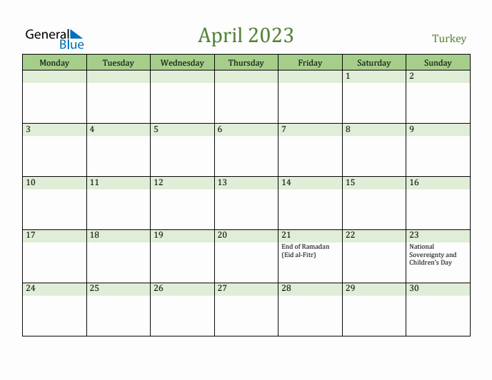 April 2023 Calendar with Turkey Holidays