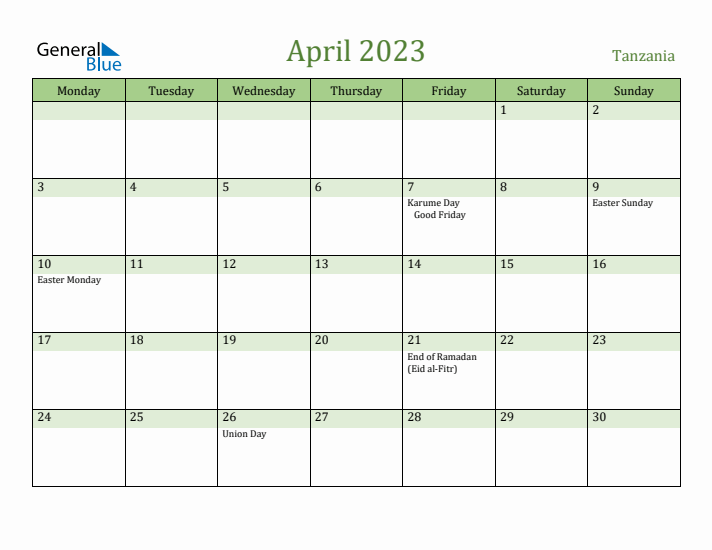 April 2023 Calendar with Tanzania Holidays