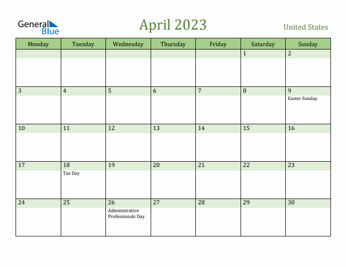 April 2023 Calendar with United States Holidays