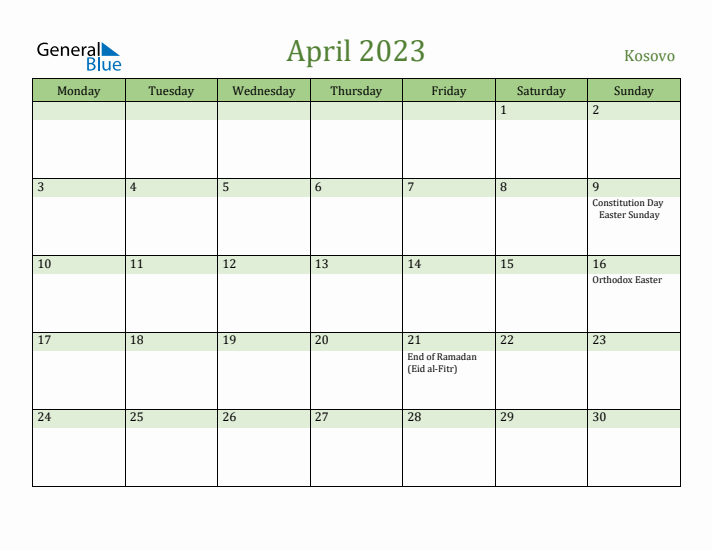 April 2023 Calendar with Kosovo Holidays