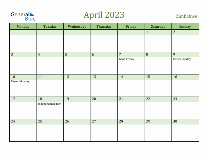 April 2023 Calendar with Zimbabwe Holidays