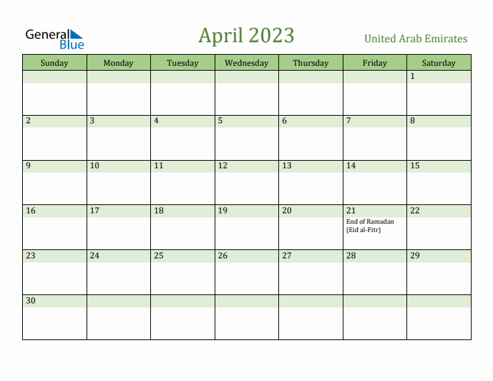 April 2023 Calendar with United Arab Emirates Holidays