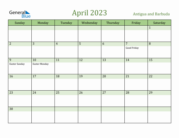 April 2023 Calendar with Antigua and Barbuda Holidays
