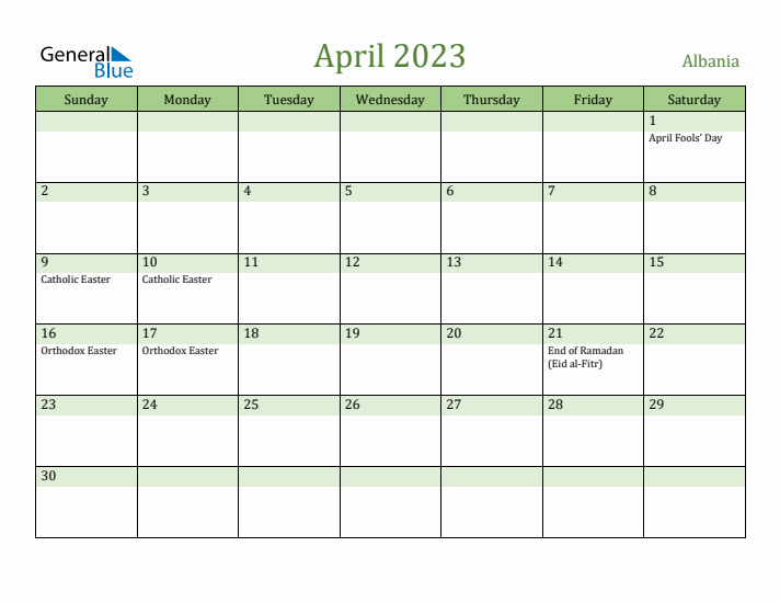 April 2023 Calendar with Albania Holidays