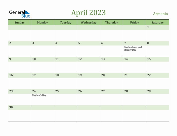 April 2023 Calendar with Armenia Holidays